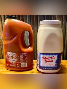 ONE GALLON JUG OF MIRACLE WHIP AND FRANK’S RED HOT SAUCE